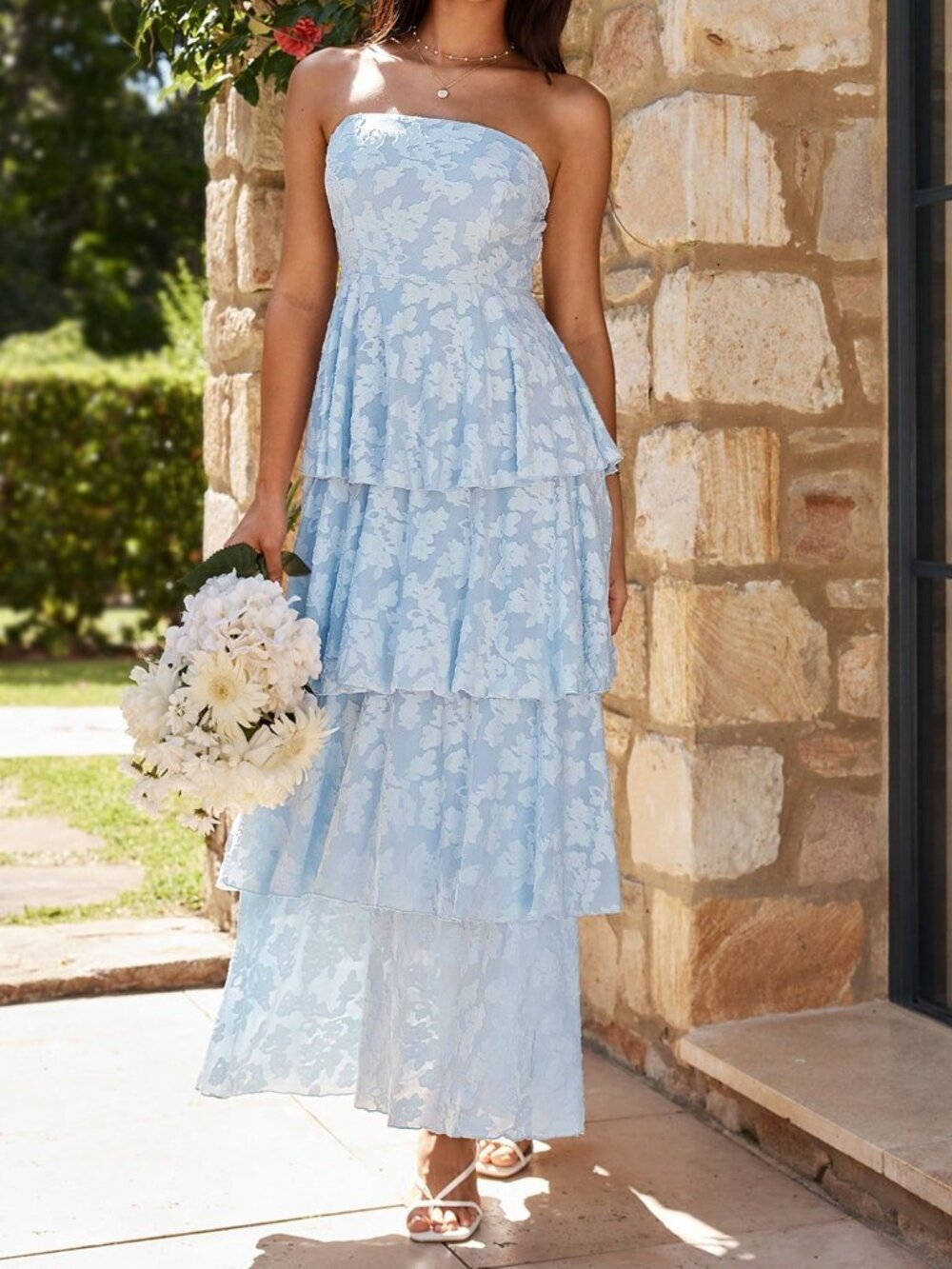 Baby Blue Elegant Women's Floral Strapless Maxi Dress with Tiered Ruffle - Picture 5 of 8